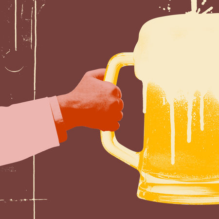Vibrant design. Male hand holding giant textured beer mug against dark brown backdrop.