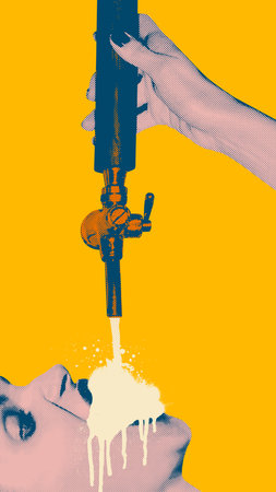 Artistic pop art collage. Beer tap handle, pouring stream of foamy beer into female mouth against bright yellow background.の写真素材