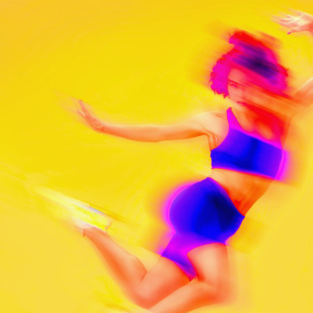 Contemporary graphic design. Thrill of progress. Young athlete woman jumping in vibrant, colorful...
