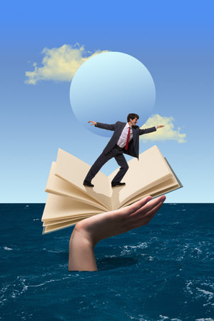 Businessman balancing on open book held by hand emerging from ocean. Contemporary art collage.の写真素材