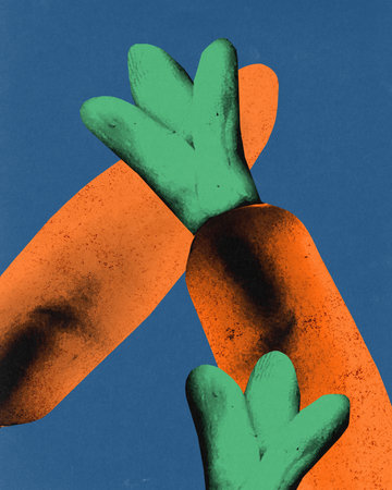 Contemporary abstract depiction of orange carrots with green tops against a blue background