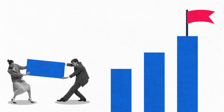 Business people pushing oversized blue bar to complete upward graph, symbolizing teamwork and growth strategy. Conceptual designの写真素材