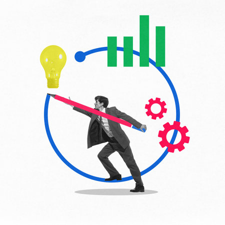 Businessman holding oversized pencil connecting innovation symbols like light bulb, gears, and graph, symbolizing strategy and productivity. Conceptual designの写真素材