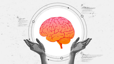 Conceptual image of hands presenting vibrant orange and pink brain, symbolizing mental health and...