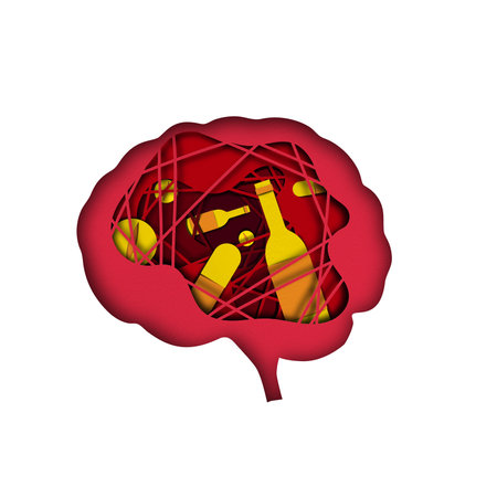 Abstract red brain illustration containing symbols of alcohol and pills, depicting concept of addiction and its impact on mental health. Conceptual design.の写真素材