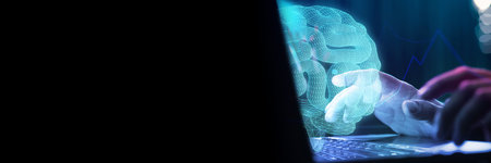 Person typing on laptop and interacting with digital brain hologram. Artificial intelligence and...