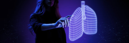 Woman interacting with virtual lungs hologram, highlighting respiratory health and futuristic...