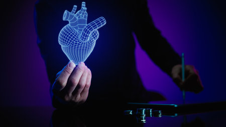 Man holding a glowing digital heart model and making digital notes, symbolizing medical innovation...