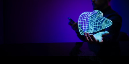 Man presenting a glowing holographic liver, symbolizing medical advancements in organ research and healthcare technology.の写真素材