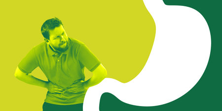 Man clutching his stomach in discomfort, with colorful digestive system background. Abdominal pain...