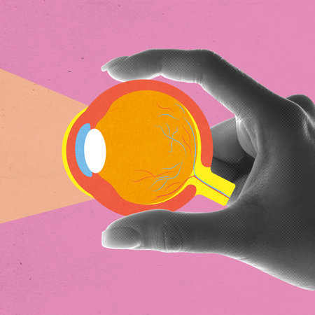 Human hand and vibrant depiction of eyeball anatomy against pink background. Vision. Conceptual art design.の写真素材