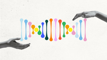 Abstract colorful DNA helix held by two hands, symbolizing genetics, biology, and advancements in medical research. Conceptual art design.の写真素材