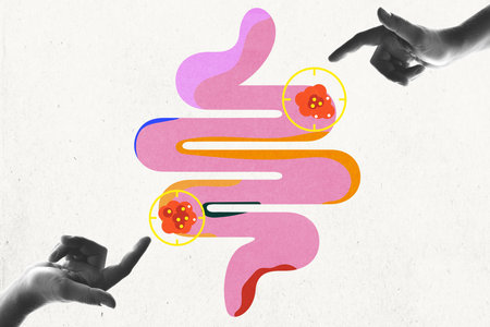 Abstract illustration of digestive system with highlighted areas of concern, surrounded by monochrome pointing hands. Conceptual art design.の写真素材