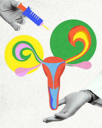 Abstract representation of female reproductive organs with syringe and gloved hands, highlighting...