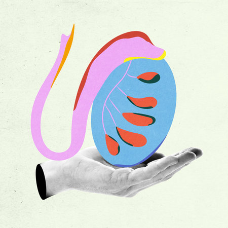 Abstract colorful illustration depicts human hand holding vibrant, stylized ovary with a prominent fallopian tube. Conceptual art design.の写真素材