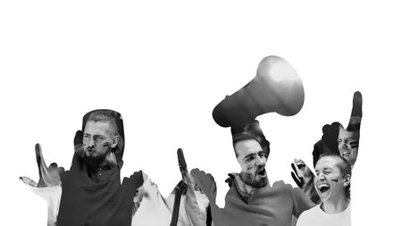 Group of sports fans cheering together with abstract overlays of hands and a megaphone. Emotive support. Creative monochrome collage.の写真素材