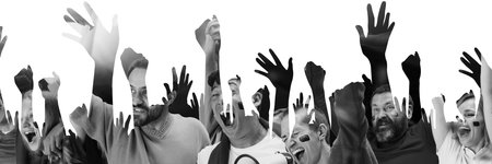 Excited group of sports fans cheering and supporting with raised hands, layered with abstract silhouettes. Creative monochrome collage.の写真素材