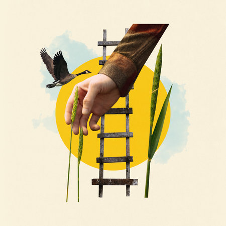 Artistic collage. Hand holding wheat stalks, ladder, and flying goose against bright yellow circular backdrop. Surreal compositionの写真素材