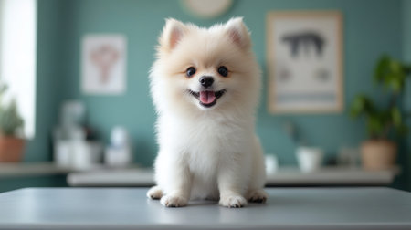 Small, fluffy, white Pomeranian Spitz sits on vets exam table, looking directly at camera with a happy, smiling expression against softly blurred background.の素材