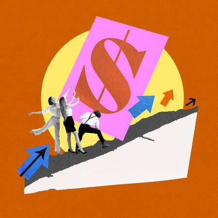 Team climbing slope with dollar sign, symbolizing efforts towards achieving financial success. Overcoming challenges together. Conceptual art collage.の写真素材
