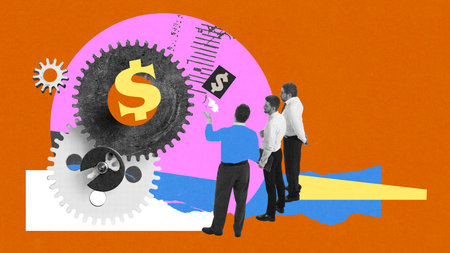 Team observing large gear with dollar sign, representing financial strategy and teamwork in corporate growth. Conceptual art collage.の写真素材