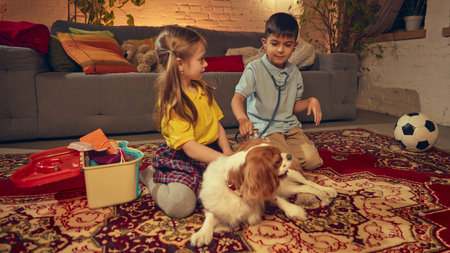 Two kids, boy and girl sitting on carpet at home in living room in the evening and playing with their pet, pretending to be vet doctorsの写真素材