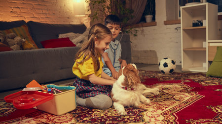 Two kids, boy and girl sitting on carpet at home in living room in the evening and playing with their pet, pretending to be vet doctorsの写真素材