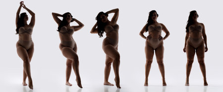 Silhouette of plus size female model posing in lingerie, exuding elegance and grace against white studio background. Collage.の写真素材