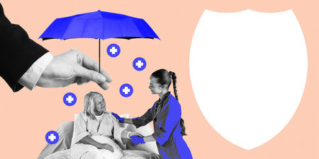 Businessman hand holds umbrella over nurse and elderly patient, symbolizing health insurance and seniors care. Conceptual art collage.の写真素材