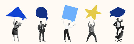Business team interacting with speech bubbles in different shapes, representing collaboration and...