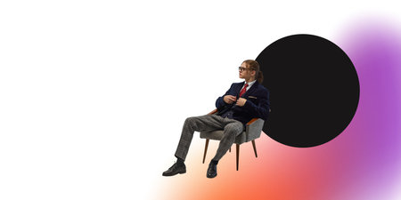 Stylish man in navy suit sitting on chair against white background with circular shape and colorful gradient.の写真素材