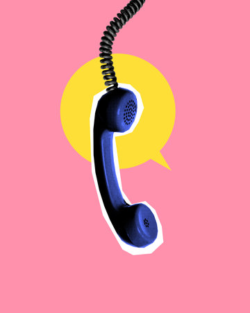 Conceptual artwork featuring floating blue vintage telephone with yellow speech bubble, representing digital communication and networking.の写真素材