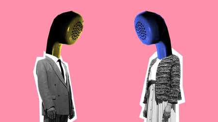 Abstract artwork of man and woman with vintage telephones instead of heads, symbolizing business communication, networking, and digital connection.の写真素材