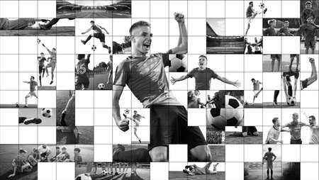 Collage in mosaic style of male soccer players in dynamic action, emphasizing intensity, athleticism, and teamwork.の写真素材