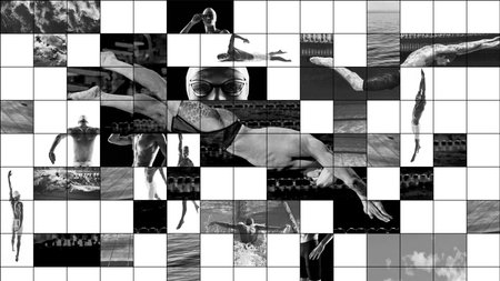 Collage in mosaic style of swimming athletes in action, capturing power, fluid motion, and endurance...