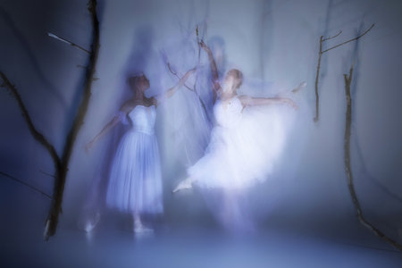 Two phantom dancers, graceful ballerinas wrapped in flowing veils, dancing mysterious ballet.の写真素材