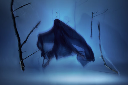 Faceless ballerina in black veil dancing in foggy surroundings, dissolving into mist. Supernatural elegance and magic.の写真素材