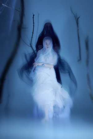 Elegant and ghostly, ballet dancers move as one, their translucent veils merging with spectral light. Duet of beauty and mystery.の写真素材