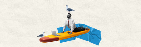 Businessman on paddleboard doing yoga stretches with laptop, surrounded by seagulls. Abstract art collage.の写真素材