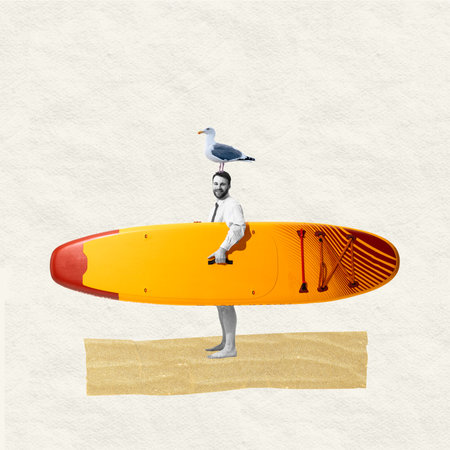 Modern traveler. Man in suit holding surfboard with seagull sitting on his head, walking on golden sand. Abstract art collageの写真素材