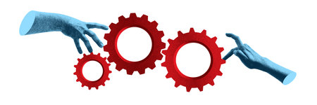 Creative abstract deign in photocopy effect. Two hands symbolizing team adjusting gears. Cover-style artwork.の写真素材