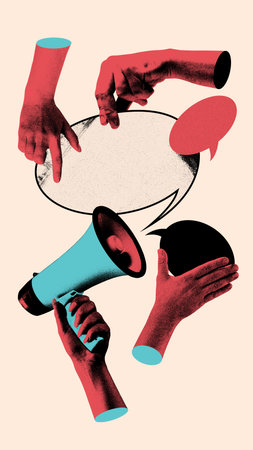 Visual communication. Multiple hands interact with speech bubbles and a megaphone, symbolizing...