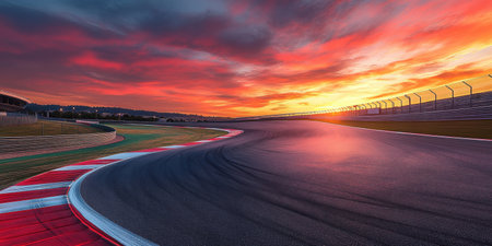 Horizontal image of empty, winding Formula 1 racetrack at dawn, bathed in soft golden light.の素材