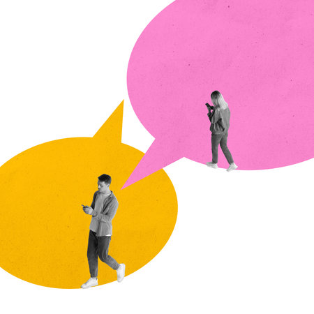 Young man and woman in speech bubble walking and chatting via smartphones against white background. Modern digital conversationの写真素材