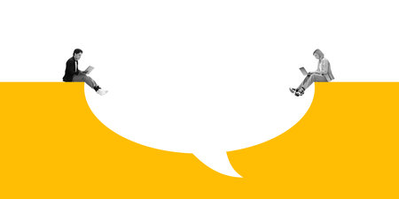 Young man and woman sitting on edge of giant speech bubble and looking on laptop again white yellow background. Digital work, distant cooperationの写真素材