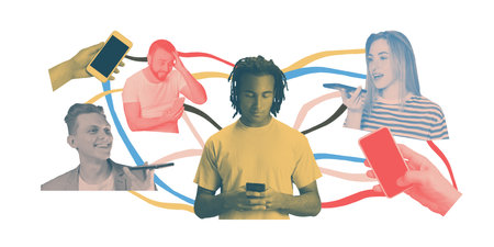 Group of different people engaged in digital communication through voice messages and text, connected by virtual colorful lines.の写真素材