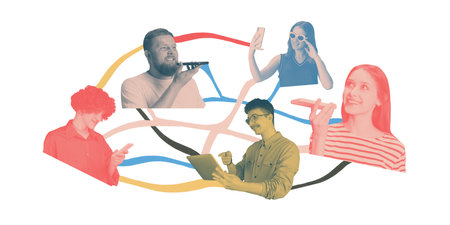 Different people connected by virtual colorful lines, communicating online through messages, video calls, and social media, illustrating digital networkingの写真素材