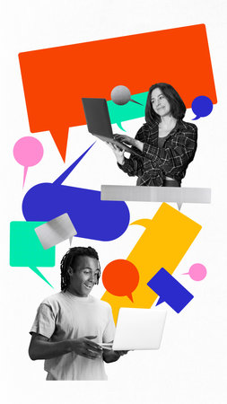 Young man and woman surrounded by multicolored speech bubbles and using laptops for online...