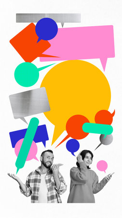 Young man and woman surrounded by multicolored speech bubbles, communicating via smartphones.の写真素材