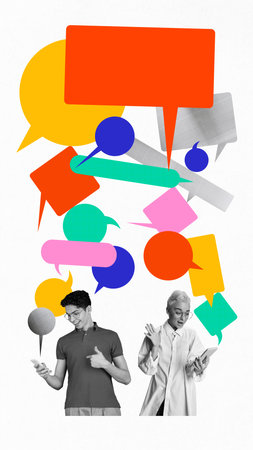 Young excited man and woman surrounded by many colorful speech bubbles exchange text messages, receiving notificationsの写真素材